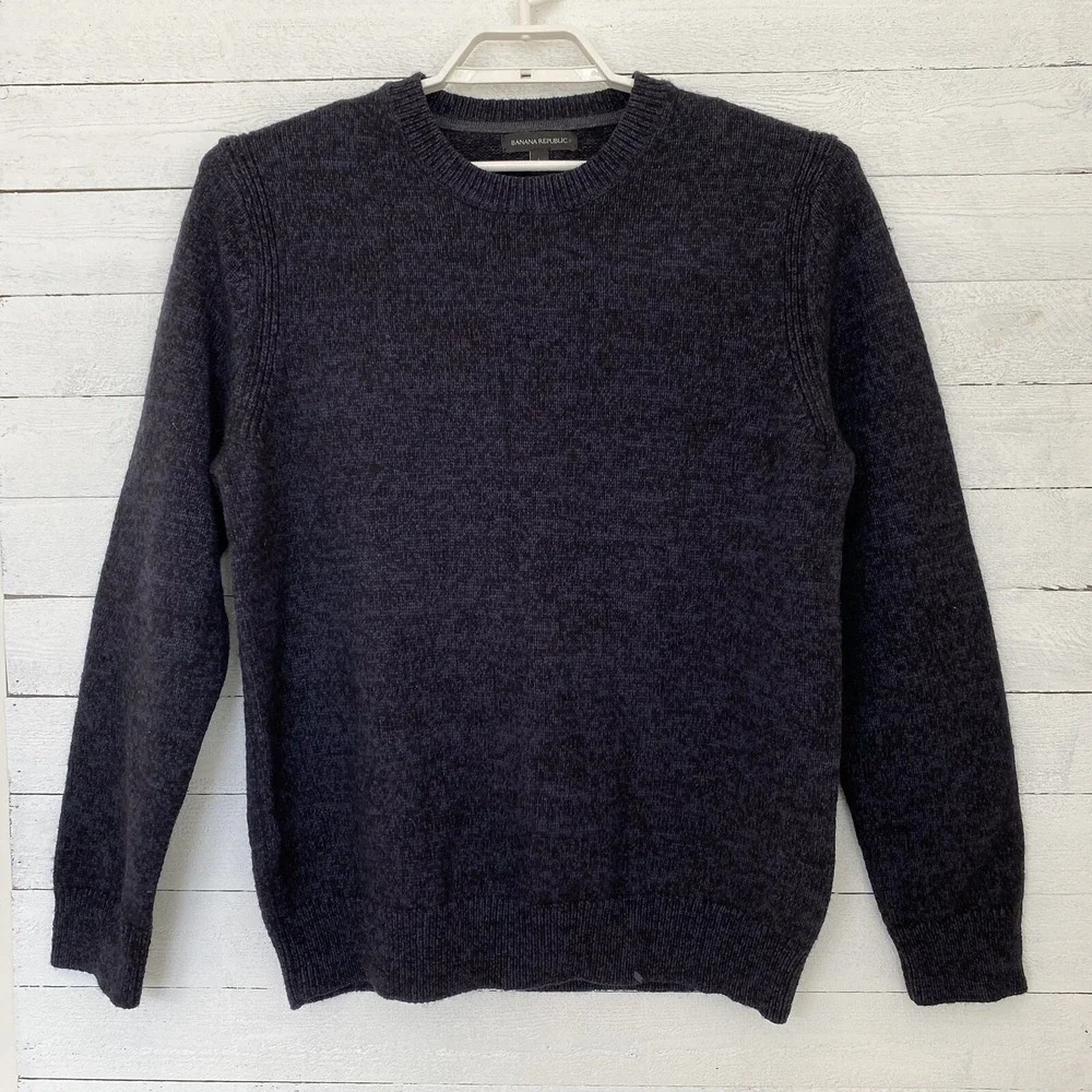 Banana Republic Mens Sweater Large Long Sleeve Solid Blue Pullover Wool Blend‎